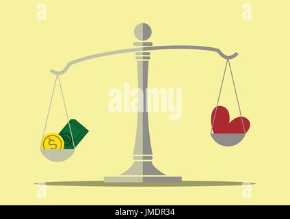 Geld und Herz auf die Balance, Gleichgewicht leben Konzept, Konzept der Geld wichtiger als Liebe, Vector Illustration Stock Vektor