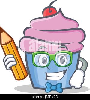 Student Cupcake Cartoon Zeichenformat mit Bleistift-Vektor-illustration Stock Vektor