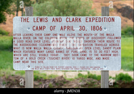 Lewis & Clark Campingplatz Zeichen, Walla Walla County, Washington Stockfoto