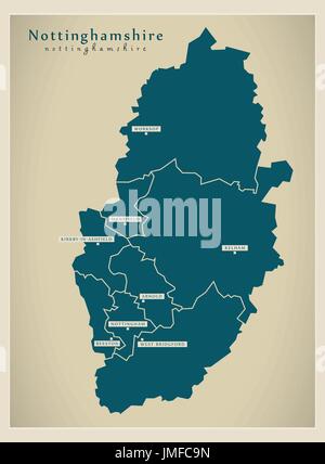 Moderne Karte - Nottinghamshire Grafschaft mit Städten und Bezirken England UK illustration Stock Vektor