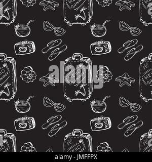 Nahtlose Muster Sommer-Koffer, Muscheln, Sonnenbrille, Kokosnuss. Handzeichnung. Nahtlose Muster kann verwendet werden, für Tapeten, Musterfüllungen, Webseite staatlich Stock Vektor
