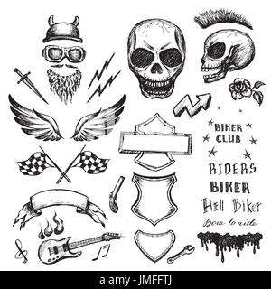 Biker Kritzeleien Set, handgezeichnete Design-Elemente. Vektor-illustration Stock Vektor