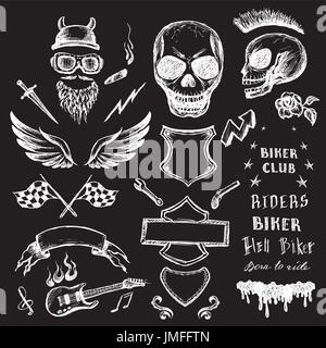 Biker Kritzeleien Set, handgezeichnete Design-Elemente. Vektor-illustration Stock Vektor