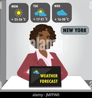 Frau sitzt am Computer, TV-Wetter-Reporter bei der Arbeit, Vektor-illustration Stock Vektor