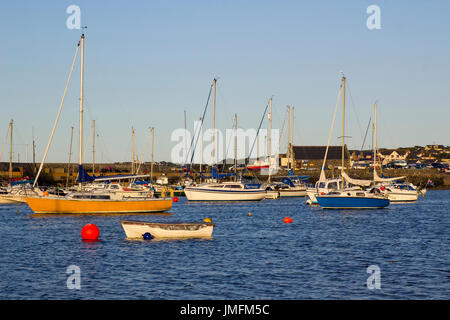 Boote auf ihren Liegeplätzen neben Cockle Insel in den Gezeiten Naturhafen am Groomsport in Co Down, Nordirland mit Belfast Lough in der Hinterg Stockfoto