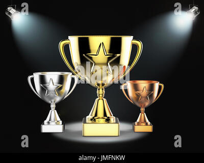 3D Rendering-Gold, Silber und Bronze Trophäe auf der Bühne mit leuchtenden leuchtet Stockfoto