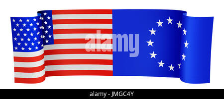 Abbildung der USA und EU-Flaggen auf weißem Hintergrund Stockfoto