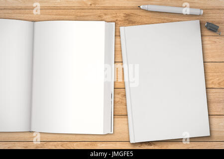 leeres Buch mit Stift-Draufsicht Stockfoto