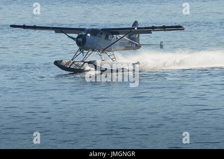 Vintage saltspring Air de Havilland Canada beaver Wasserflugzeug landen in den Hafen von Vancouver, British Columbia, Kanada. Stockfoto