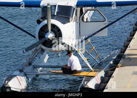 Pilot sitzt auf der schwimmt von seinem de Havilland Beaver Wasserflugzeug In Vancouver Harbour, British Columbia, Kanada. Stockfoto