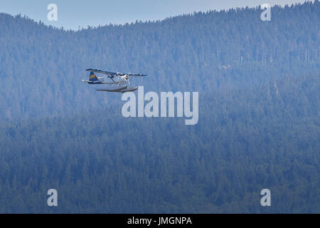 Historischen Hafen Air Services de Havilland Beaver Wasserflugzeug fliegen über Remote Woodlands In British Columbia, Kanada. Stockfoto