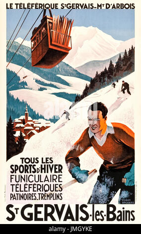 "St. Gervais-Les-Bains Tourismus Poster mit Skifahrer und die Seilbahn zum Mont Arbois in den französischen Alpen. Artwork von Roger Broders (1883-1953) für Paris Lyon Mediteranée Unternehmen (PLM) Eisenbahn. Stockfoto