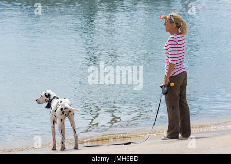 Frau mit Dalmatiner ständigen Blick in die Ferne in Lyme Regis Hafen bei Lyme Regis, Dorset im Juli Stockfoto