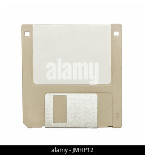 Draufsicht einer Beige Vintage Diskette auf weißem Hintergrund Stockfoto