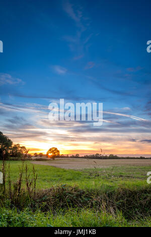 Ein warmen Sonnenuntergang folgt am Ende eines typischen ein Sommertag in der Landschaft Lincolnshire, in der Nähe von dem kleinen Dorf Aslackby, Lincolnshire, UK Stockfoto