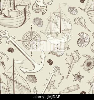 Marine Life nahtlose Muster. Segelschiff, Seashell, Anker, Kompass. ocean Hintergrund Stock Vektor