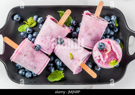 Sommer Desserts. Veganes Essen. Frozen Drinks, Smoothies serviert. Eis Eis am Stiel aus hausgemachten griechischen Joghurt und frische Bio Heidelbeeren. Mit Minze. Auf einem p Stockfoto