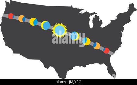 Total Solar Eclipse Symbol 21. August 2017 - Streckenplan Weg Stock Vektor
