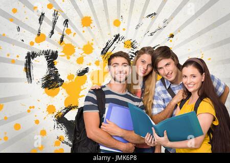 Digitalen Verbund der glückliche junge Studierende, die Ordner grau, gelb und schwarz bespritzt Hintergrund Stockfoto