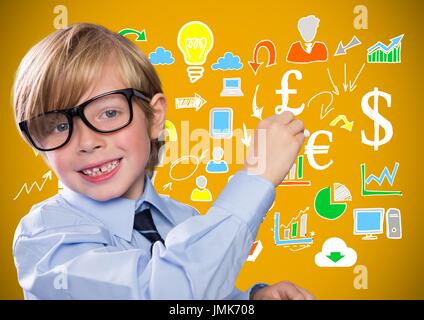 Digital Composite jungen schreiben Ideen vor gelbem Hintergrund leer Stockfoto