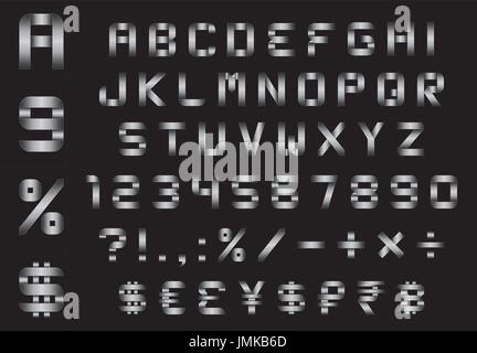 Alphabet, Zahlen, Währung und Symbole pack - rechteckig gebogen Metall font, Vektor Stock Vektor