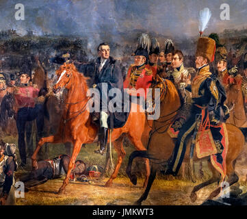 Die Schlacht von Waterloo von Jan Willem Pieneman (1779 – 1853), Öl auf Leinwand, 1824. Das Gemälde zeigt den Herzog von Wellington zu Pferd auf der linken Seite des Bildes, in einem entscheidenden Moment in der Schlacht von Waterloo am 18. Juni 1815. Detail aus einem größeren Gemälde, JMKWT8. Stockfoto