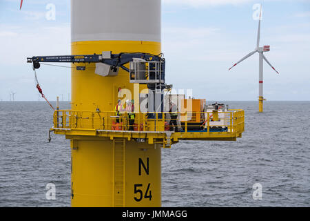 Ein Techniker kann weiter Material der unteren Arbeitsbühne einer Windkraftanlage in der Offshore-Windpark "Nordsee 1" vor der Ostfriesischen Insel Spiekeroog, Deutschland, 27. Juli 2017 gesehen werden. In diesem Moment ungefähr die Hälfte der 54 Windkraftanlagen der sie geben Senvion 6.2M126 installiert wurden. Der gesamte Park wird in den kommenden Wochen abgeschlossen sein. Teile des Windparks sind bereits im Einsatz und produzieren Strom seit 2017. Der Windpark liefert eine Leistung von fast 332 MW. Foto: Ingo Wagner/dpa Stockfoto