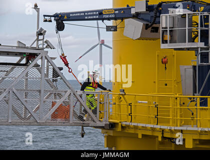 Ein Techniker kann weiter Material der unteren Arbeitsbühne einer Windkraftanlage in der Offshore-Windpark "Nordsee 1" vor der Ostfriesischen Insel Spiekeroog, Deutschland, 27. Juli 2017 gesehen werden. In diesem Moment ungefähr die Hälfte der 54 Windkraftanlagen der sie geben Senvion 6.2M126 installiert wurden. Der gesamte Park wird in den kommenden Wochen abgeschlossen sein. Teile des Windparks sind bereits im Einsatz und produzieren Strom seit 2017. Der Windpark liefert eine Leistung von fast 332 MW. Foto: Ingo Wagner/dpa Stockfoto