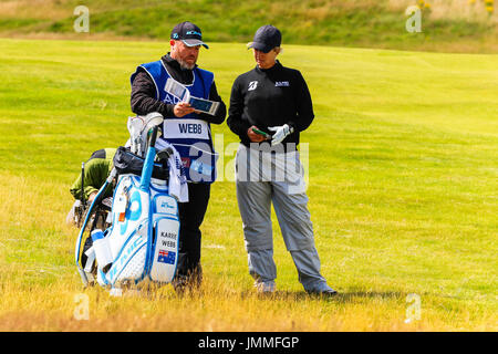 Irvine, Schottland. 28. Juli 2017. Am zweiten Tag der Ladies Scottish Open Championship Dundonald Links, Irvine, Ayrshire, Schottland, das Wetter Tests mit starken blieb, Winden Windböen bis zu 25 km/h. Als die Spieler kämpften um ihre Golfball kontrollieren, die einige guten Noten geschrieben wurden und die Führer allmählich mit Summen von 4, 5 und 6 unter für die ersten beiden Runden. Bildnachweis: Findlay/Alamy Live-Nachrichten Stockfoto