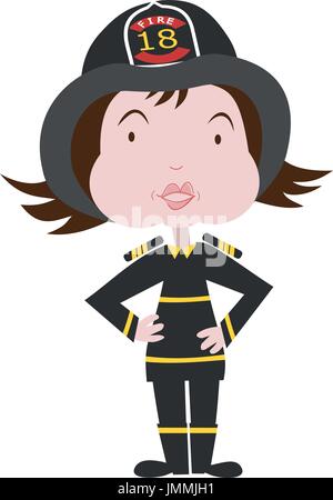 Ein Feuerwehrmann, Kind oder Erwachsener im Cartoon-Stil, in seiner Uniform mit seinem Helm Stock Vektor