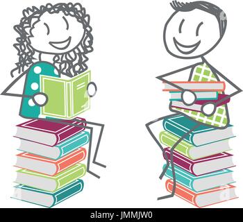 Zwei Kinder, Studenten oder Erwachsene diskutieren sitzt auf einem Stapel Bücher, geschäftlich oder privat Stock Vektor