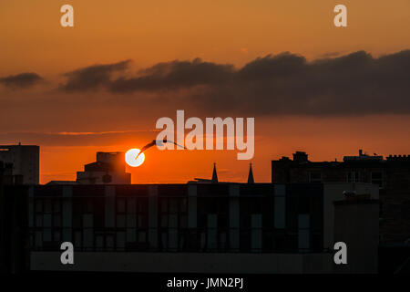 Eine dramatische Sommer orange Sonnenuntergang über Dächer in Leith, Edinburgh, Schottland, Großbritannien Stockfoto