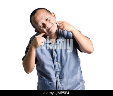 Porträt eines Mannes mit Down-Syndrom. Isoliert auf weißem Hintergrund Stockfoto