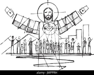 Vektor-Illustration von Hand gezeichnet oder Zeichnung von Jesus Christus mit offenen Armen und und Menschen Stock Vektor