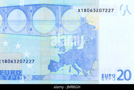 Rückseite der 20 Euro - Banknote Makro Fragment. Stockfoto