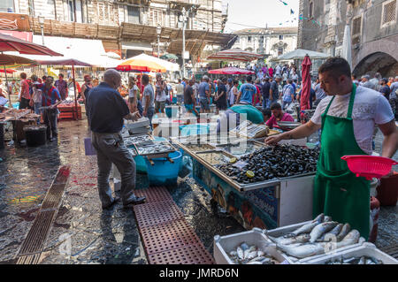 "Ein Piscaria", der historischen Fischmarkt im Zentrum von Catania, Italien Stockfoto