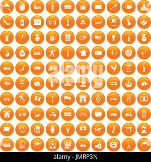 100 touristischen Attraktionen Icons set orange Stock Vektor