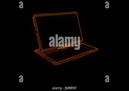 Notebook Tablet im Hologramm Wireframe-Stil. Schönes 3D Rendering Stockfoto