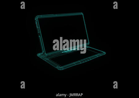 Notebook Tablet im Hologramm Wireframe-Stil. Schönes 3D Rendering Stockfoto