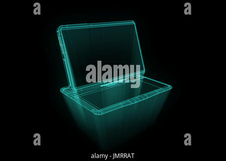 Notebook Tablet im Hologramm Wireframe-Stil. Schönes 3D Rendering Stockfoto