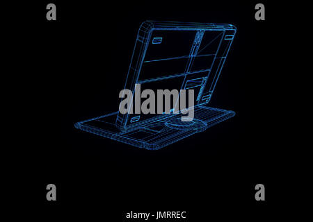 Notebook Tablet im Hologramm Wireframe-Stil. Schönes 3D Rendering Stockfoto