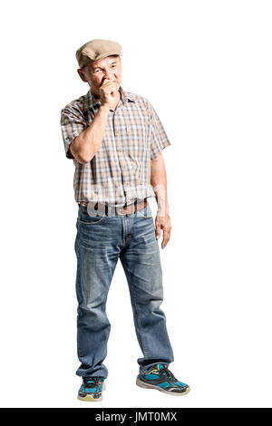 Porträt eines reifen Mannes ist smelly. Isolierte voller Länge auf weißem Hintergrund mit Beschneidungspfad Stockfoto