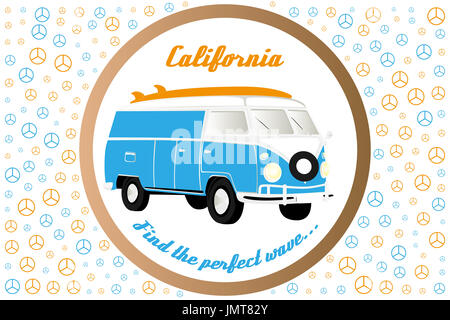 Bunte Wohnmobil Abbildung mit dem Frieden unterzeichnet, Surfbrett Und die handschriftliche Worte Kalifornien - finden die perfekte Welle Stockfoto