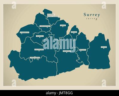 Moderne Karte - Surrey County mit Städten und Bezirken England UK illustration Stock Vektor