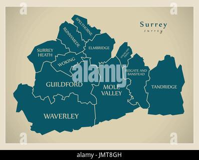 Moderne Karte - Surrey County mit Bezirk Bildunterschriften England UK illustration Stock Vektor