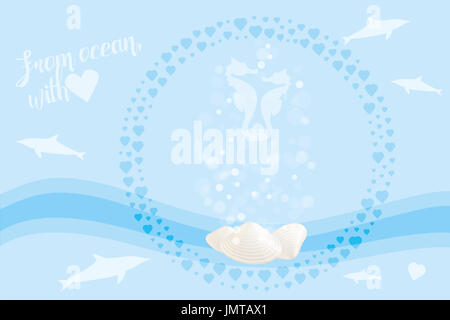 Romantische Karte mit Seepferdchen, Fische und Muscheln unter Wasser und Worte - vom Ocean mit Herz Stockfoto