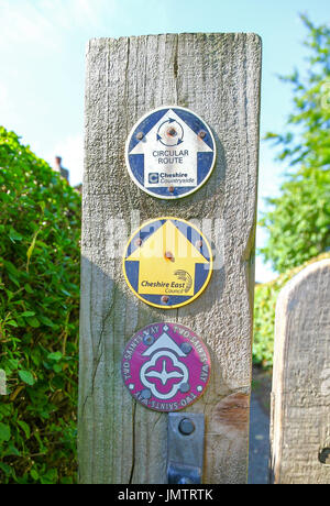 Ein Zeichen der hölzernen Fußweg post sagen "zwei Heiligen Weg" bei Acton, Cheshire, England, UK Stockfoto