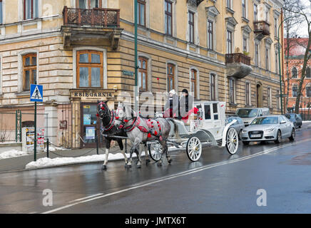 Krakau, Polen - 12. Januar 2017: weiße Pferdekutsche auf Podzamcze Straße in der Nähe von Wawel-Kathedrale in der Altstadt. Krakau ist die zweitgrößte und eine Stockfoto