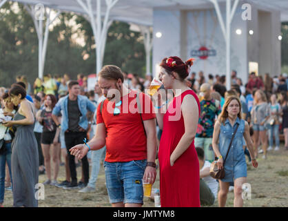 Kiew, UKRAINE - 29. Juni 2017: Fans besuchen Konzert im Freien auf dem Atlas Wochenende Musikfestival in nationalen Expocenter. Stockfoto