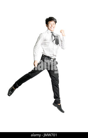 Porträt eines jungen asiatischen Geschäftsmann springen und das Gefühl froh. Isoliert auf weißem Hintergrund mit textfreiraum und Clipping-Pfad Stockfoto